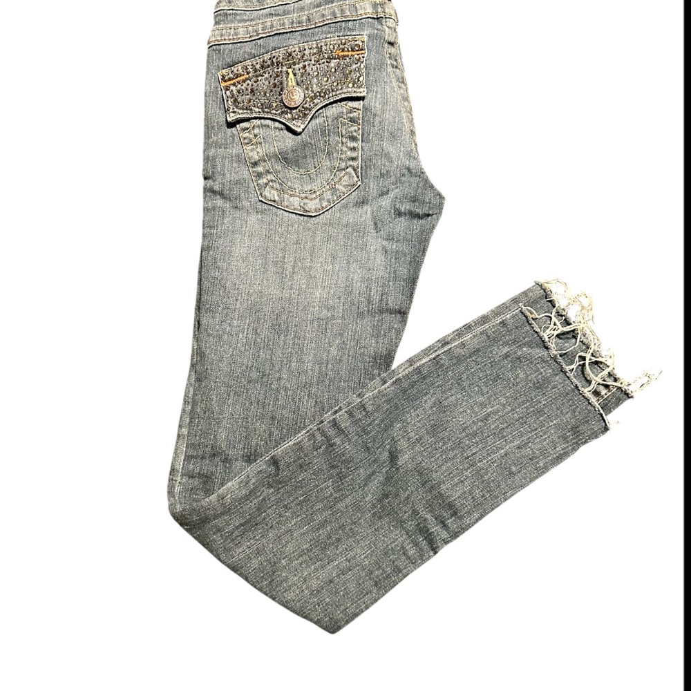 True Religion Gray Ankle Jeans with Frayed Hem